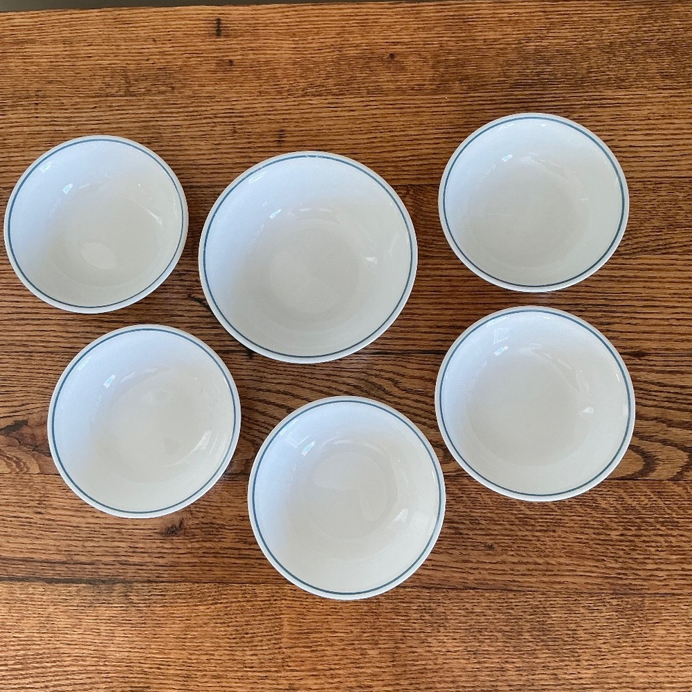 Corelle 6 Dessert Fruit Berry Cereal Bowls Vintage Corning White Blue Stripe